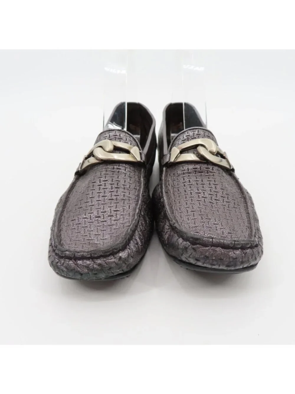Stuart Weitzman 9.5 SS Pewter Silver Textured Chain Square Toe Loafers Flats